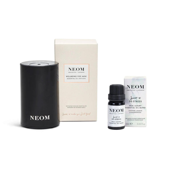 NEOM Wellbeing Pod Mini (Black) and Real Luxury De-Stress Essential Oil Blend Duo